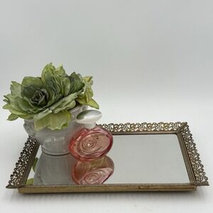 Vintage Mirror Vanity Tray Gold‎ Filigree Rectangle Hollywood Regency MCM 15x9